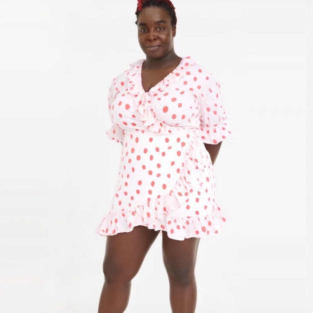 RIXO Polka Dot Ruffle Wrap Dress - Cream with Dots sz XS - Picture 4 of 11